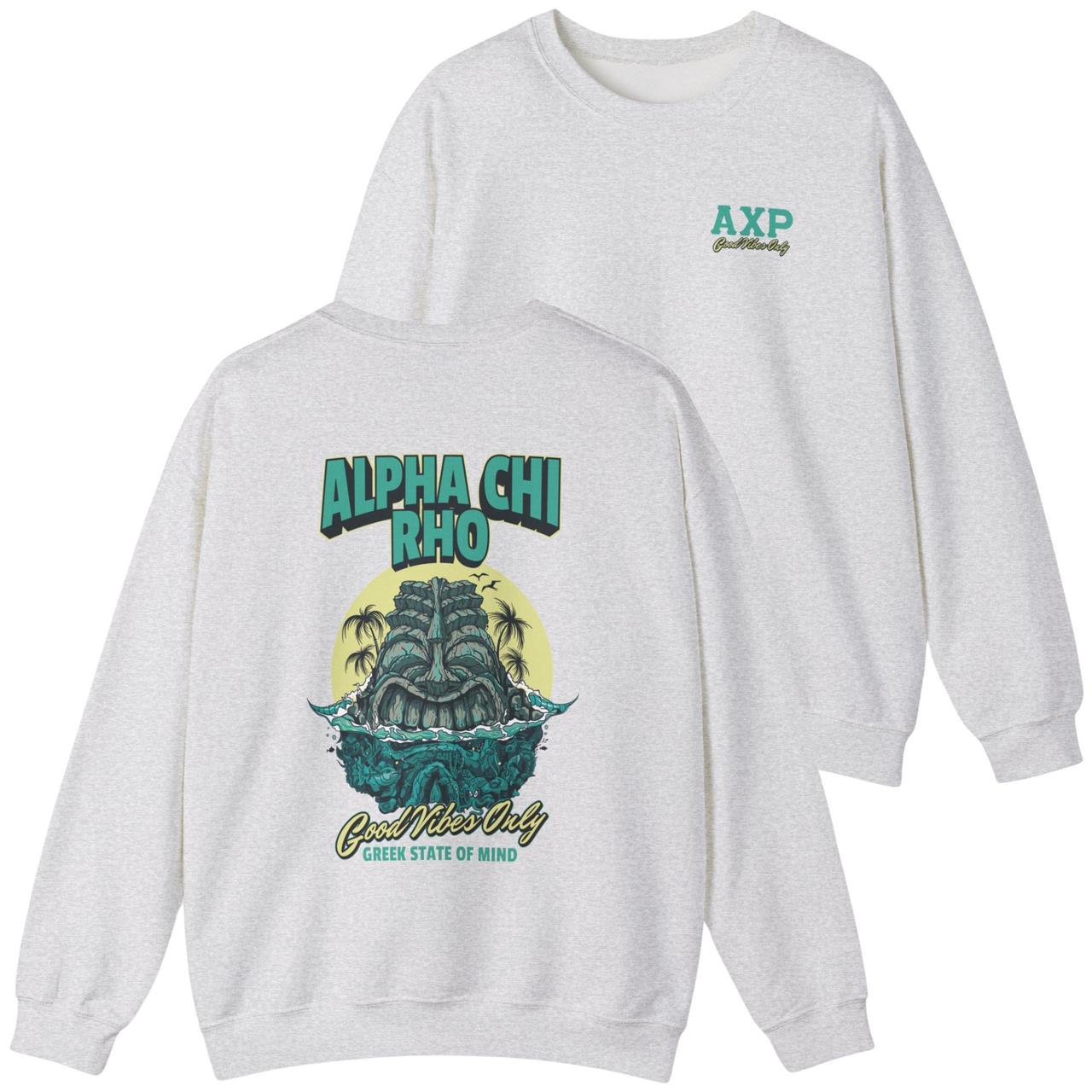 grey Alpha Chi Rho Graphic Crewneck Sweatshirt | Good Vibes Only