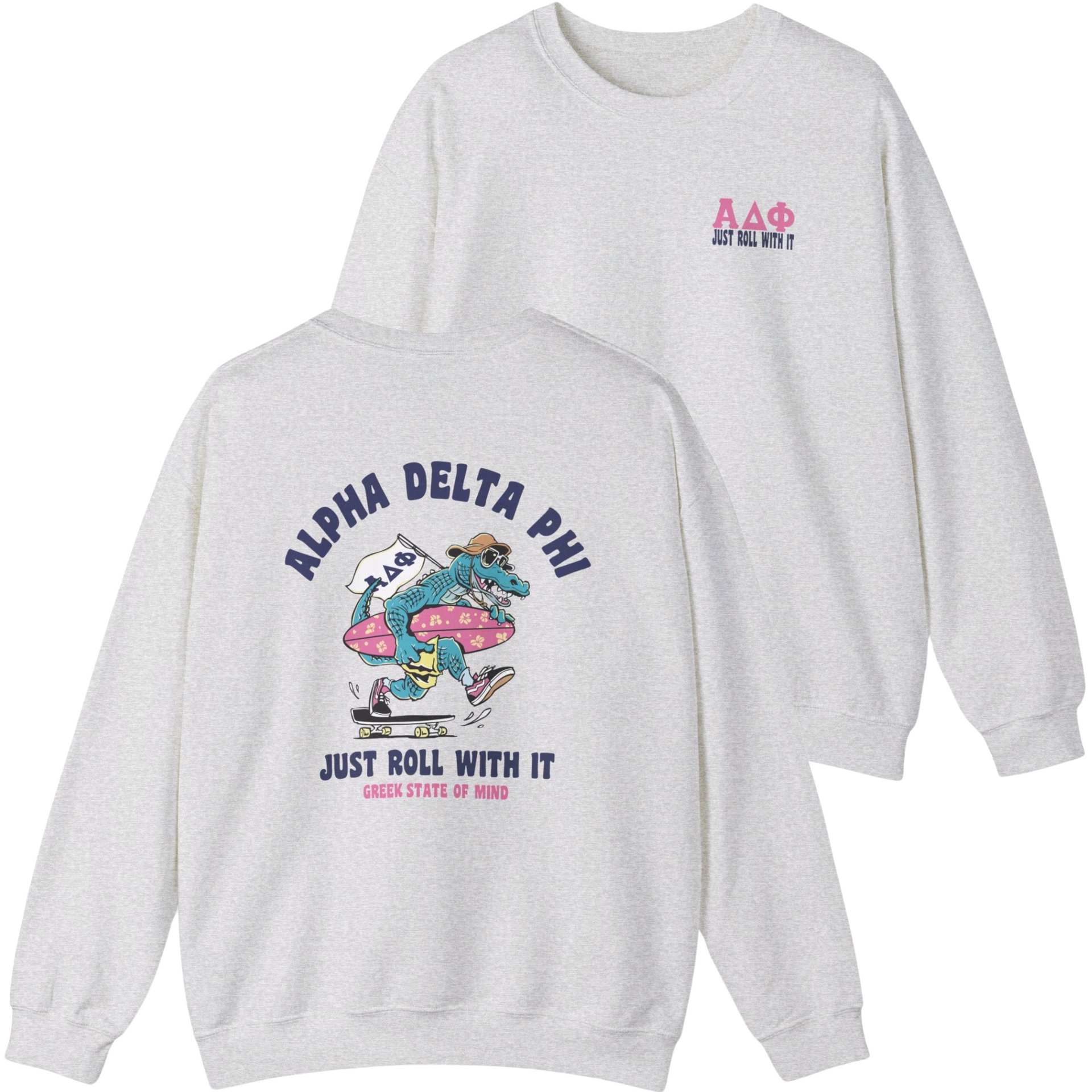 grey Alpha Delta Phi Graphic Crewneck Sweatshirt | Alligator Skater