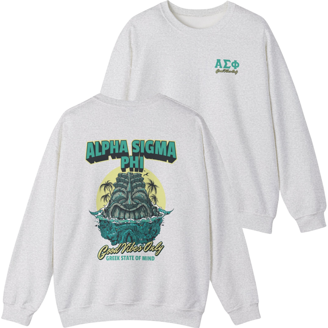 grey Alpha Sigma Phi Graphic Crewneck Sweatshirt | Good Vibes Only