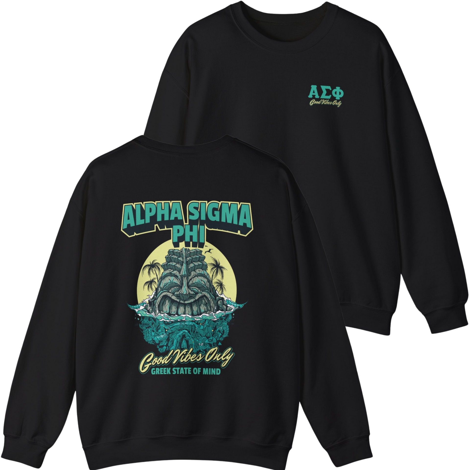 black Alpha Sigma Phi Graphic Crewneck Sweatshirt | Good Vibes Only