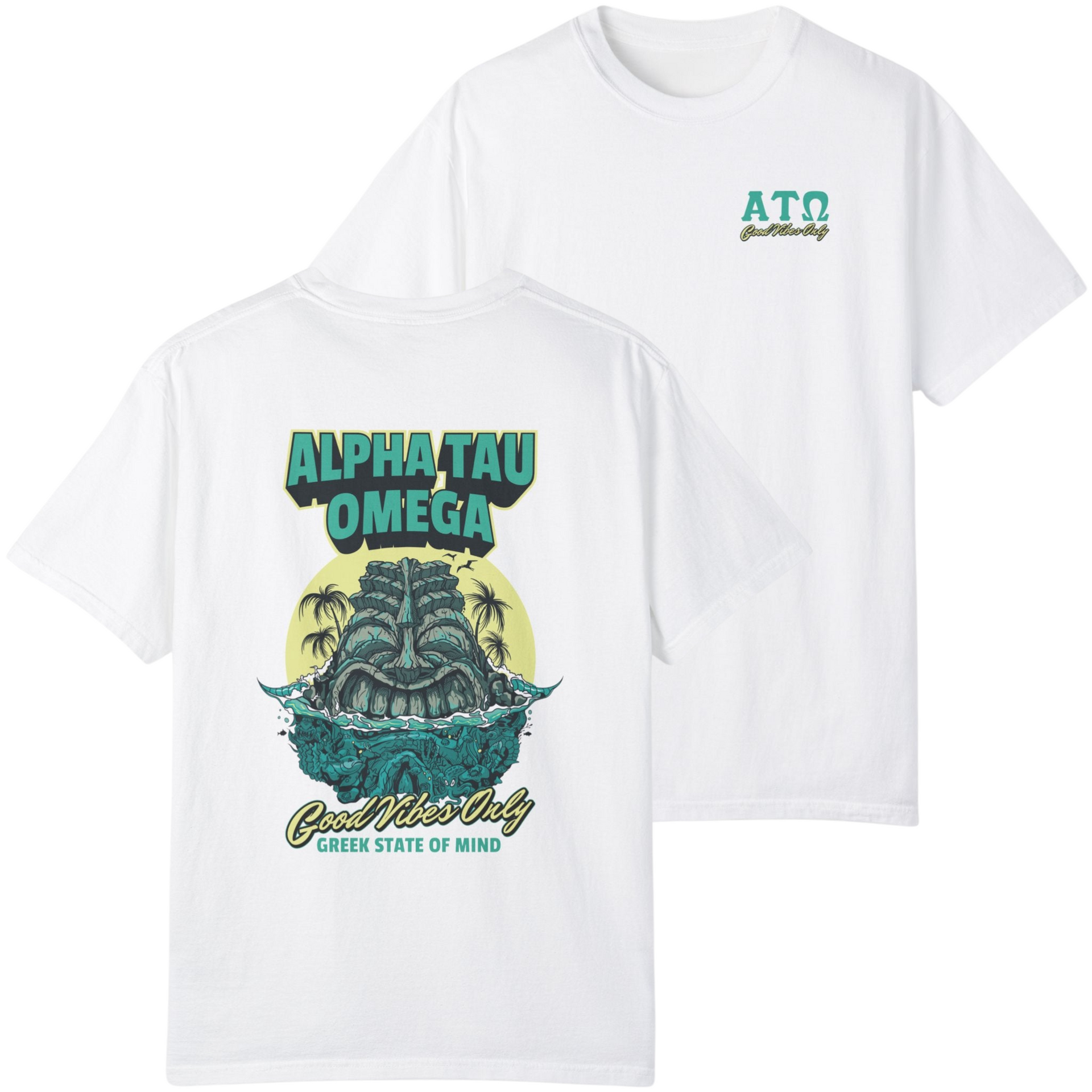 white Alpha Tau Omega Graphic T-Shirt | Good Vibes Only