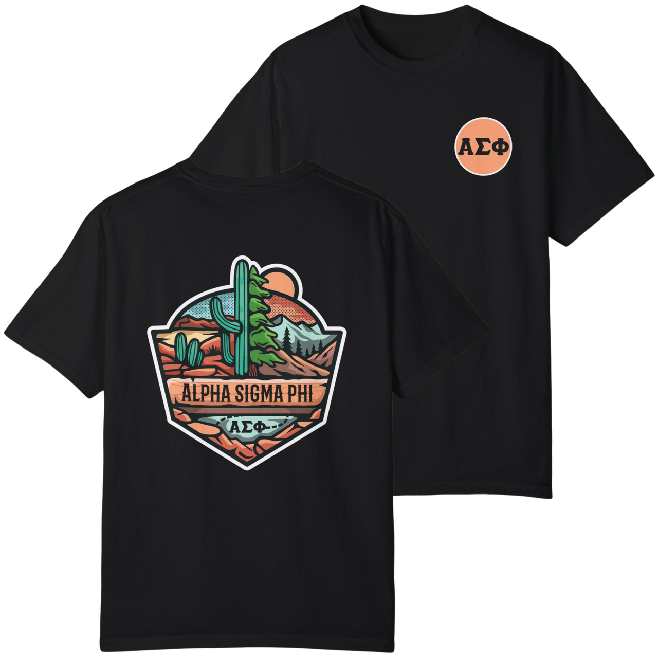 Black Alpha Sigma Phi Graphic T-Shirt | Desert Mountains