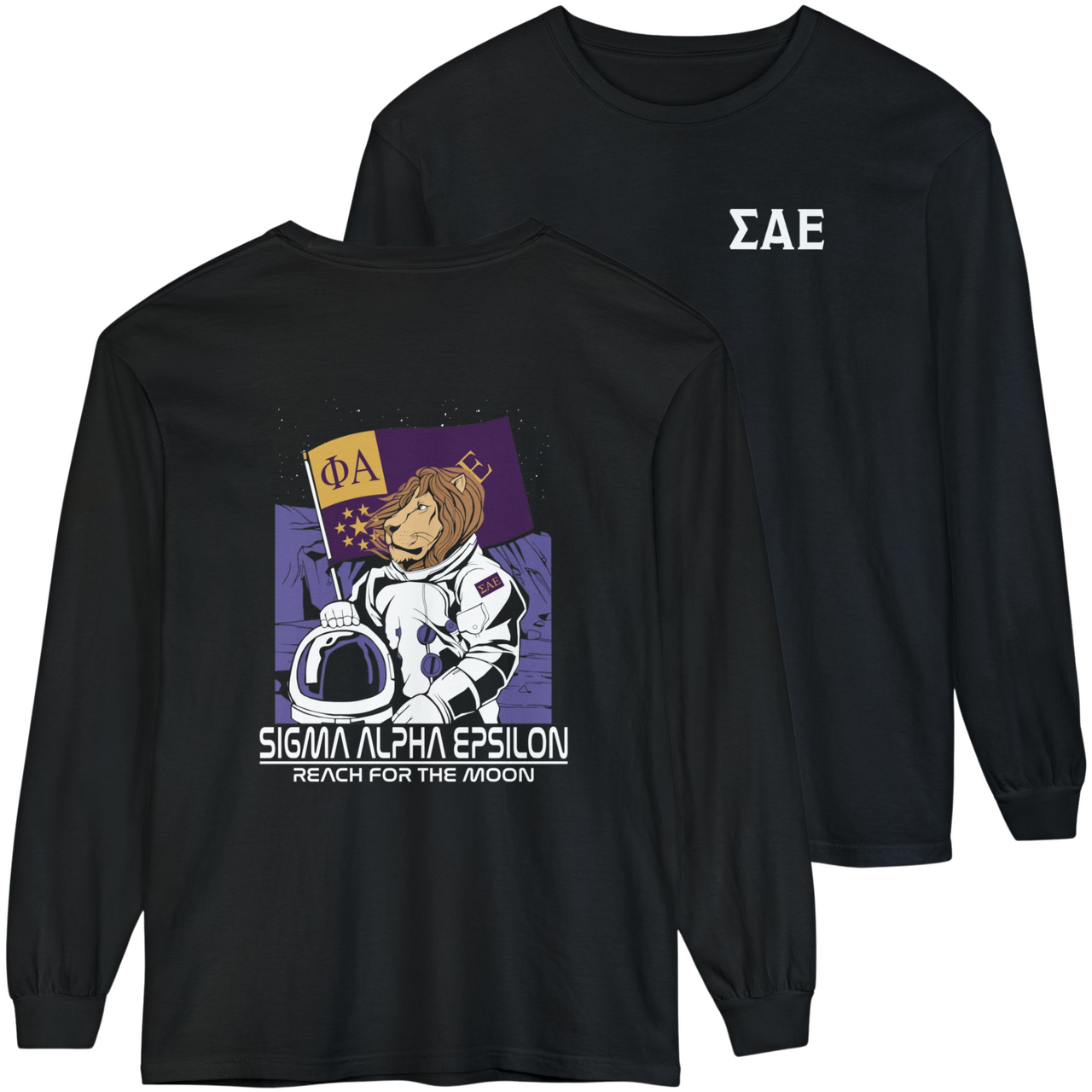 Black Sigma Alpha Epsilon Graphic Long Sleeve T-Shirt | Space Lion