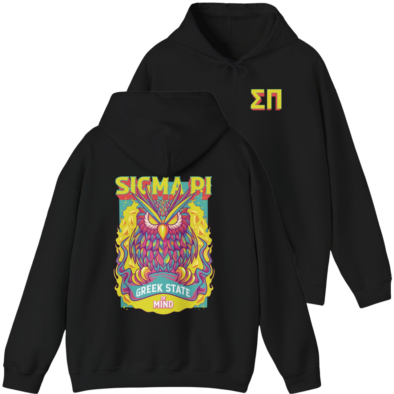 Black Sigma Pi Graphic Hoodie | Woodstock Owl
