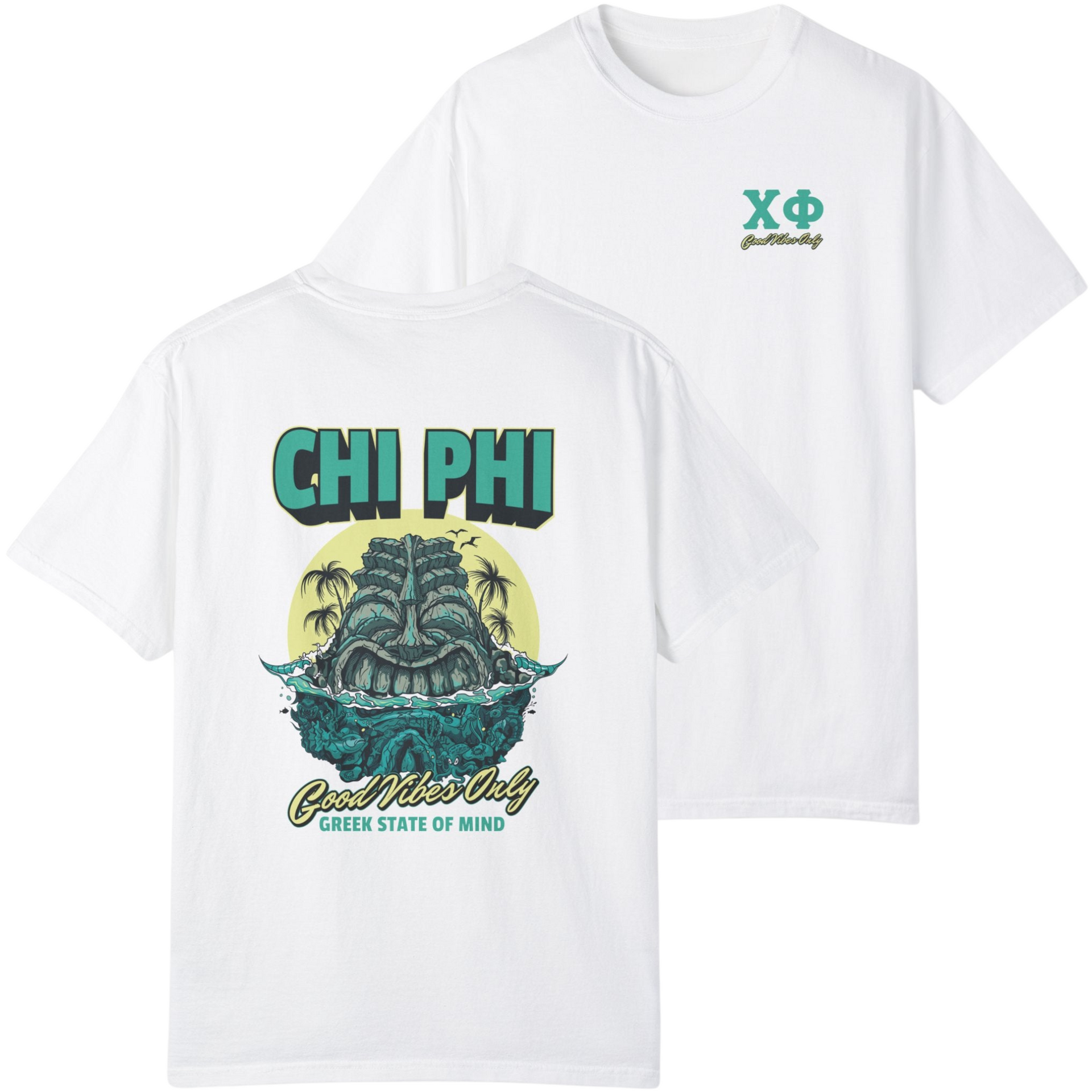 white Chi Phi Graphic T-Shirt | Good Vibes Only