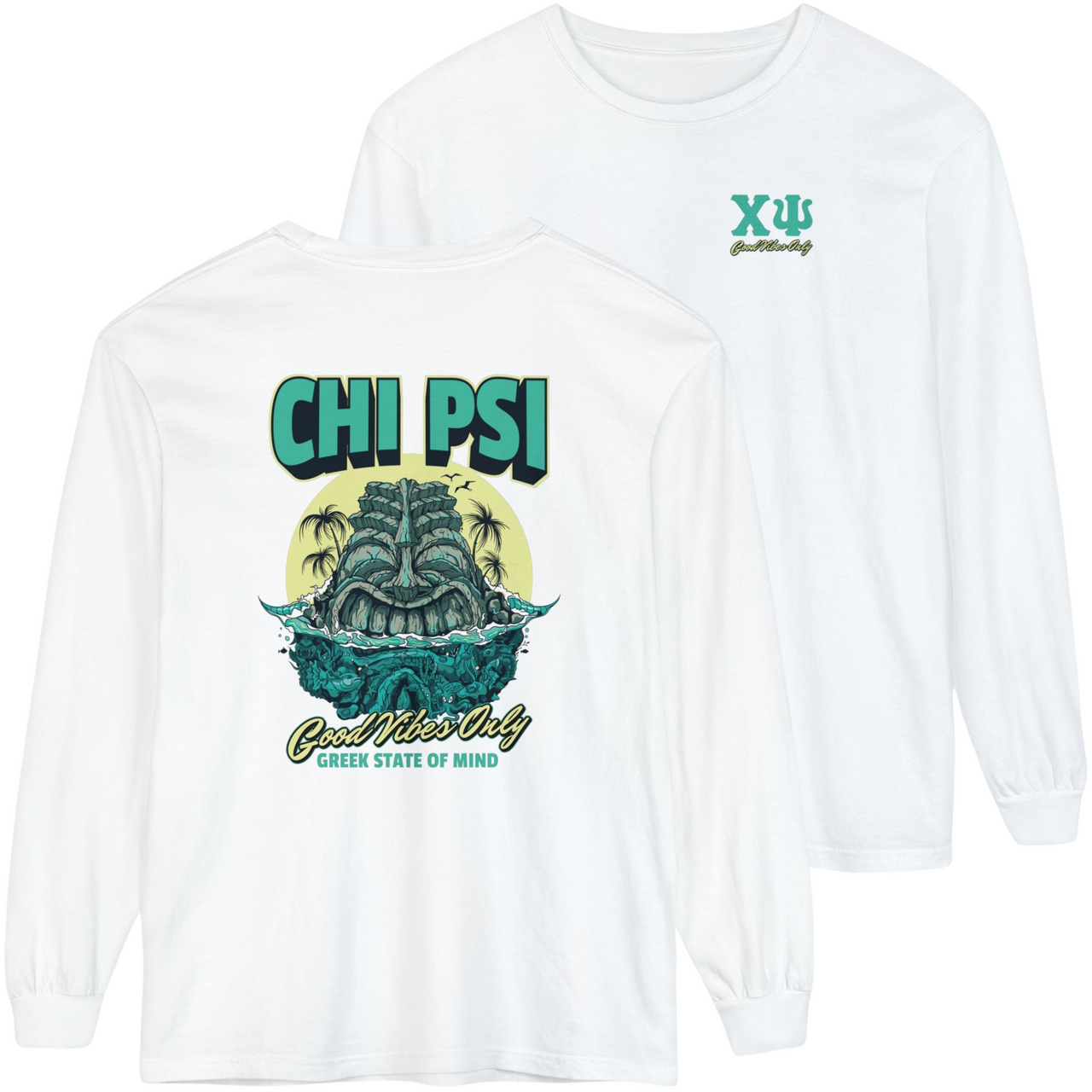 white Chi Psi Graphic Long Sleeve | Good Vibes Only