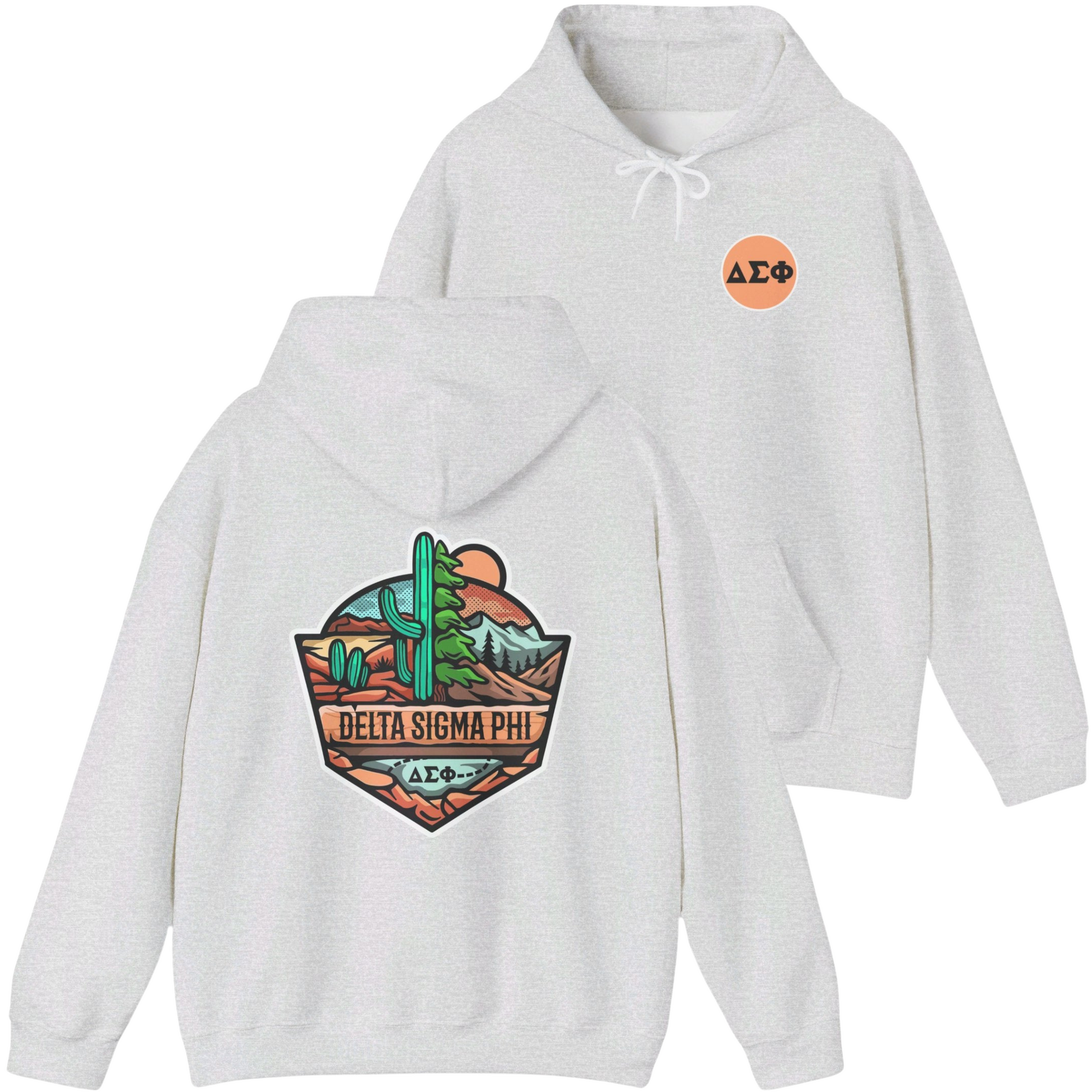 grey Delta Sigma Phi Graphic Hoodie | Desert Mountains