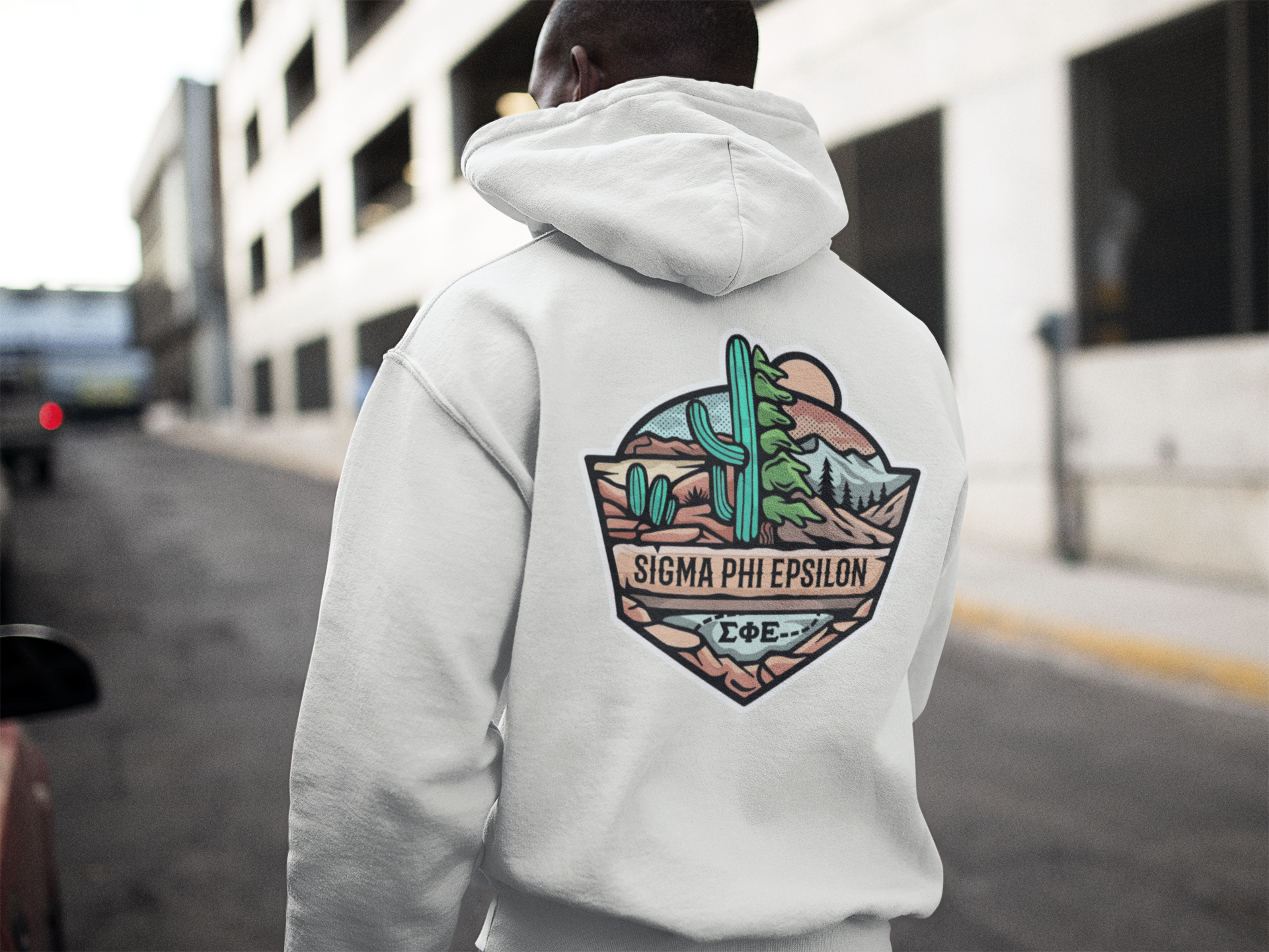 White Sigma Phi Epsilon Graphic Hoodie | Desert Mountains | SigEp Clothing - Campus Apparel model 