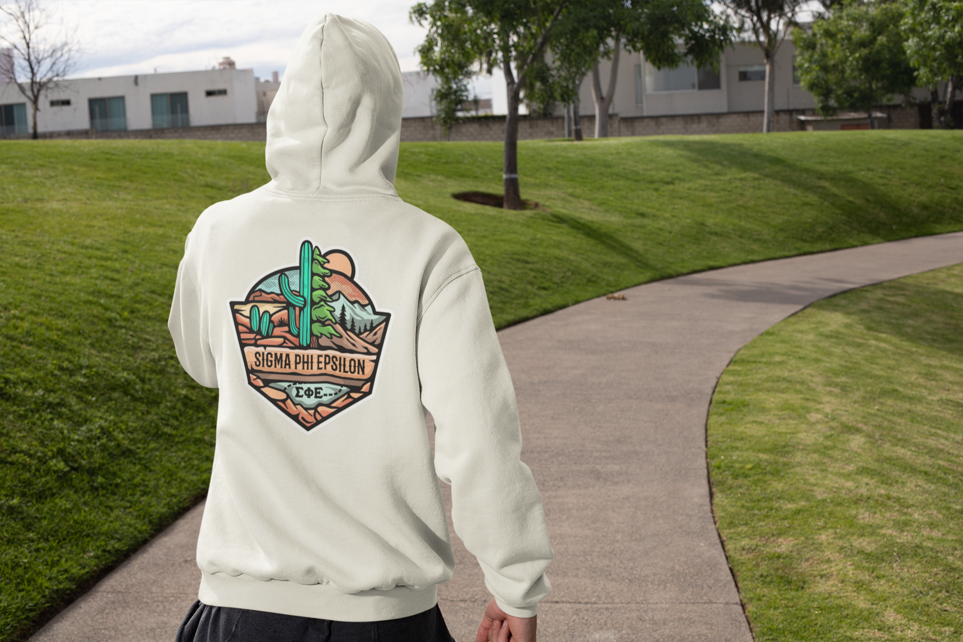 White Sigma Phi Epsilon Graphic Hoodie | Desert Mountains | SigEp Clothing - Campus Apparel model 