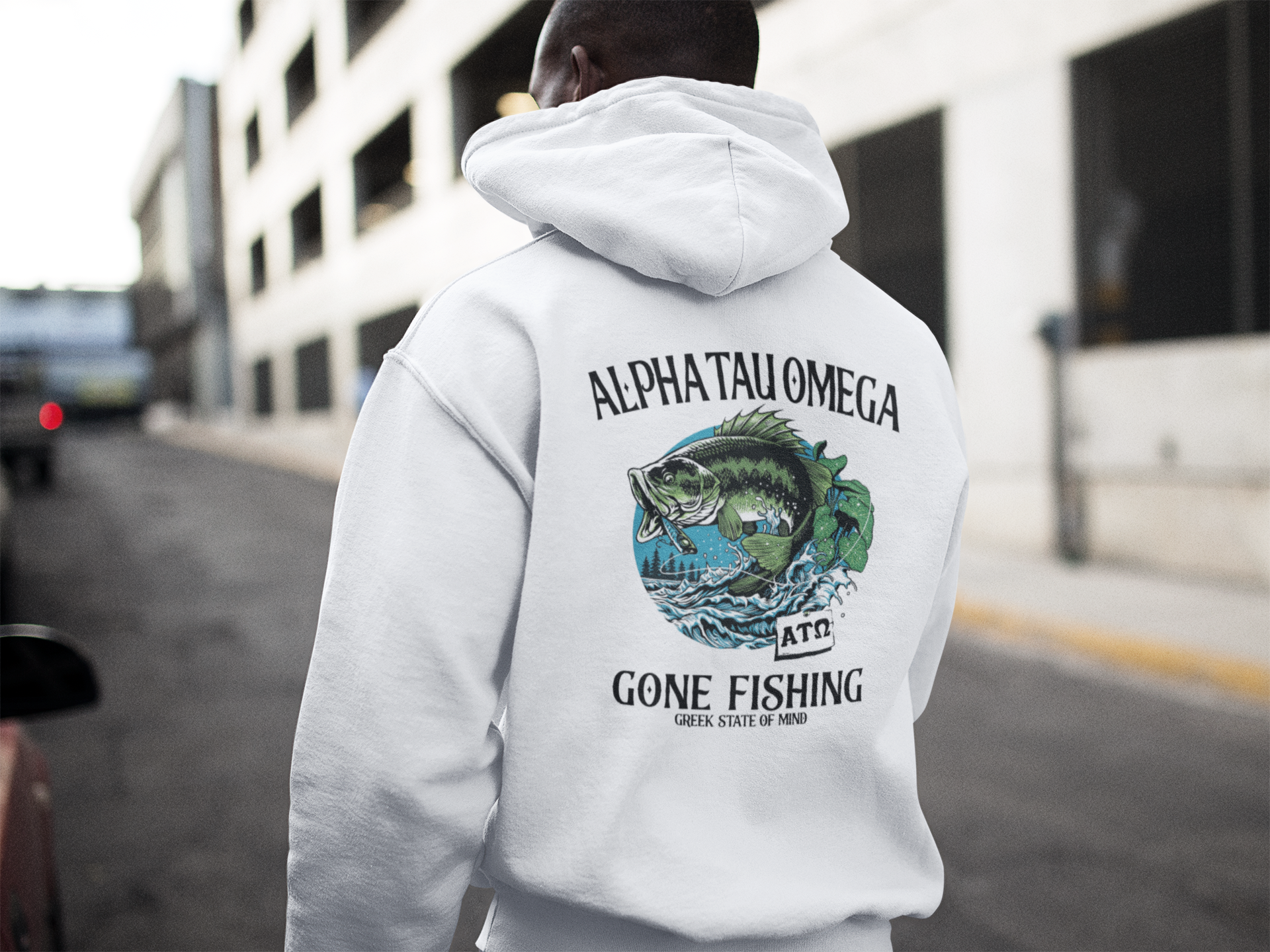 white Alpha Tau Omega Graphic Hoodie | Gone Fishing | Alpha Tau Omega Fraternity Merch back model 