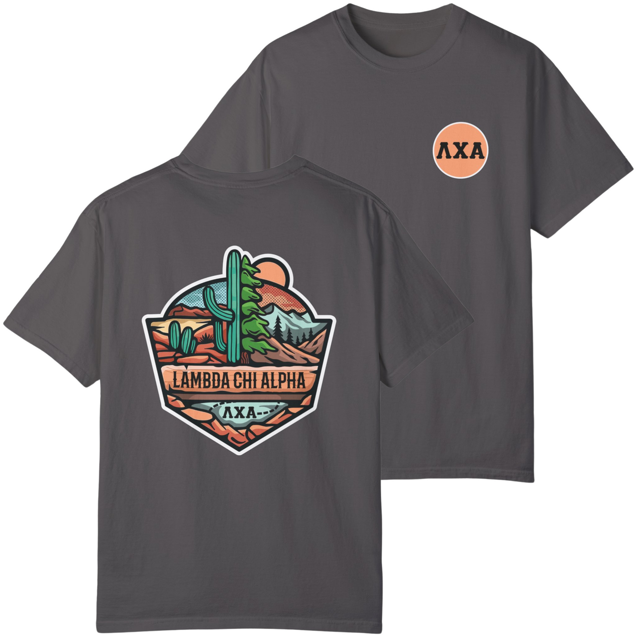 Grey Lambda Chi Alpha Graphic T-Shirt | Desert Mountains