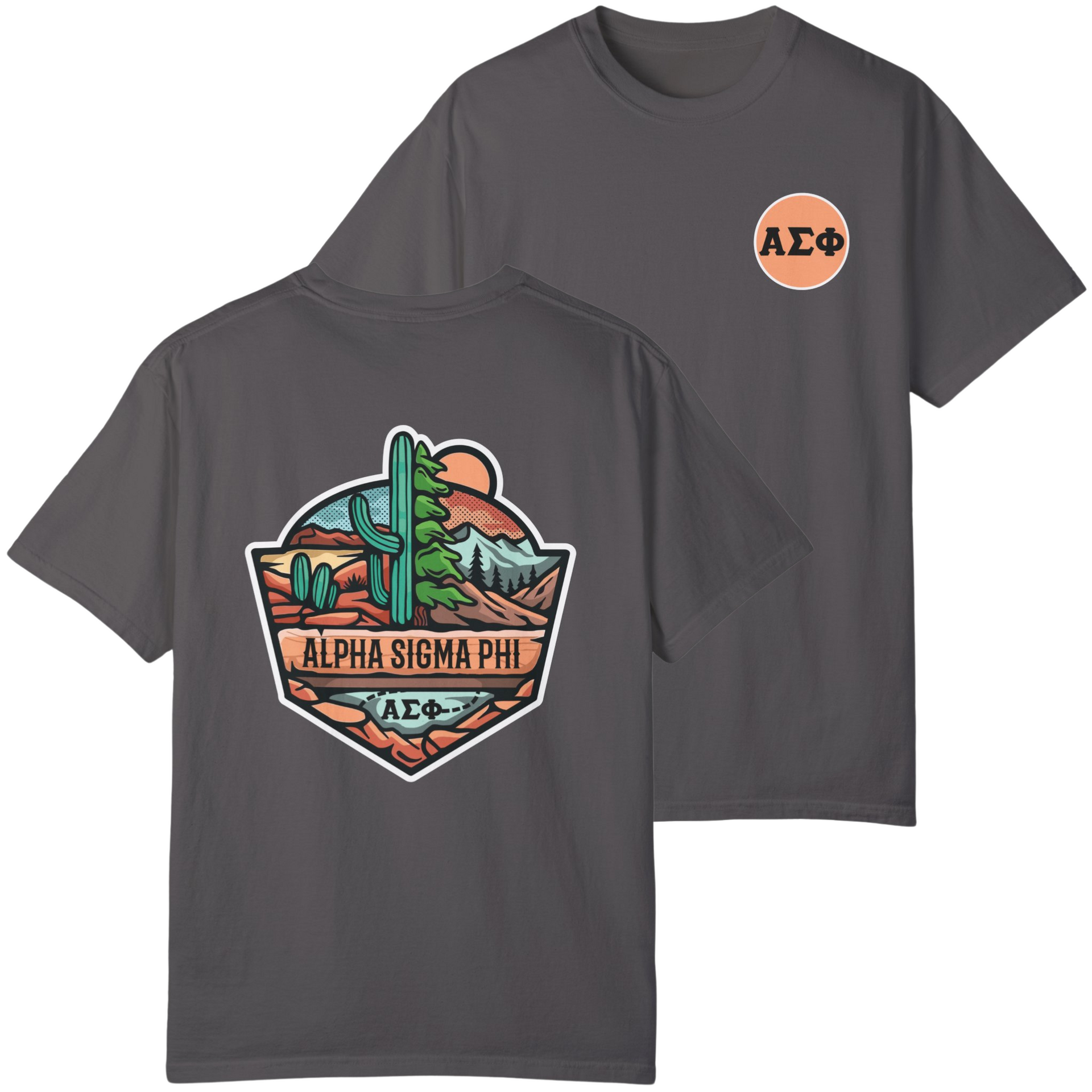 Grey Alpha Sigma Phi Graphic T-Shirt | Desert Mountains