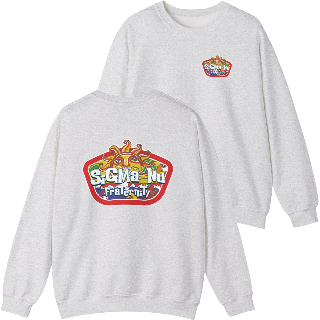 Two gray sweatshirts with colorful logos on a white background