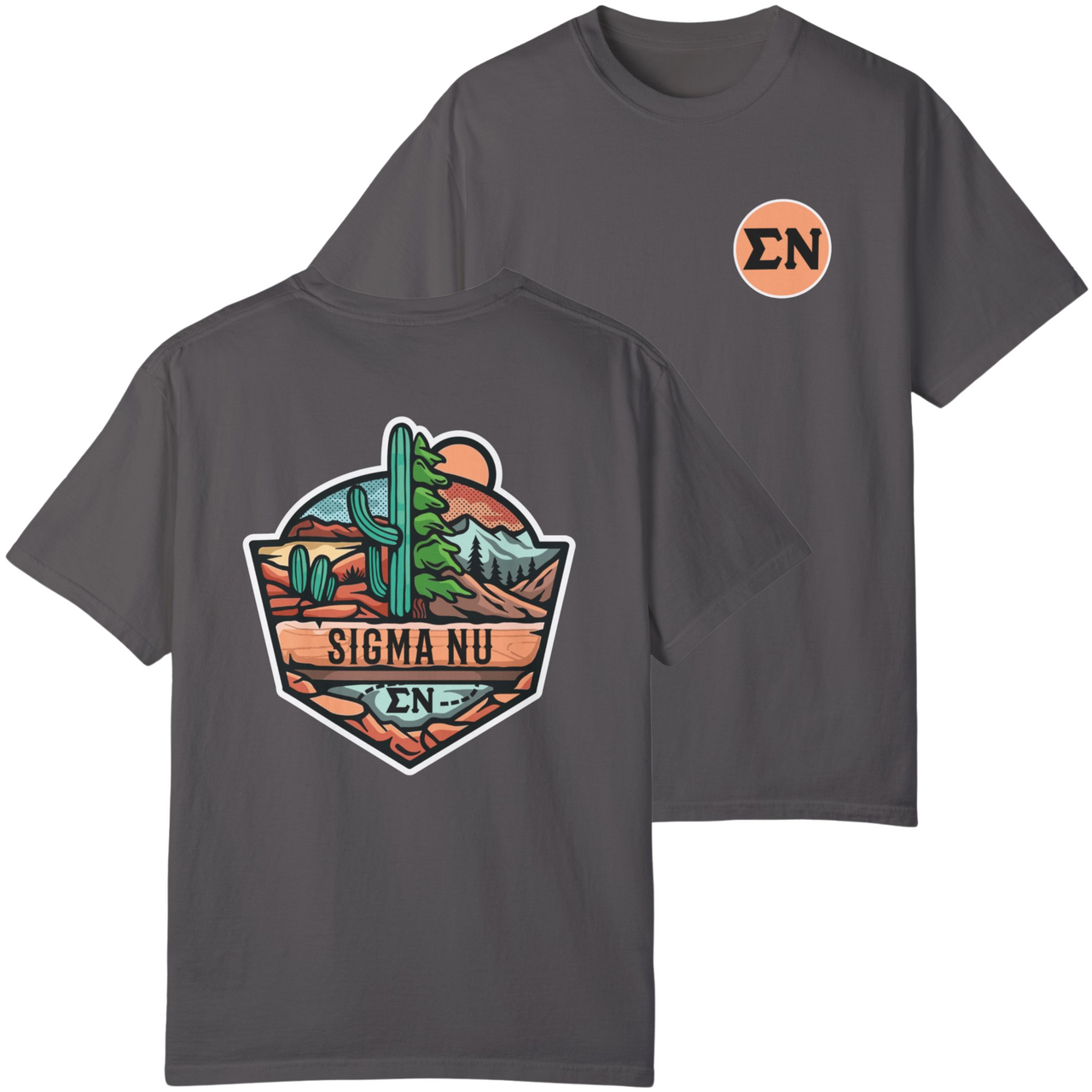 Grey Sigma Nu Graphic T-Shirt | Desert Mountains