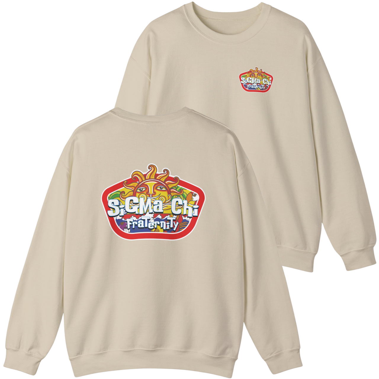 Beige sweatshirt with colorful graphics and text on a white background
