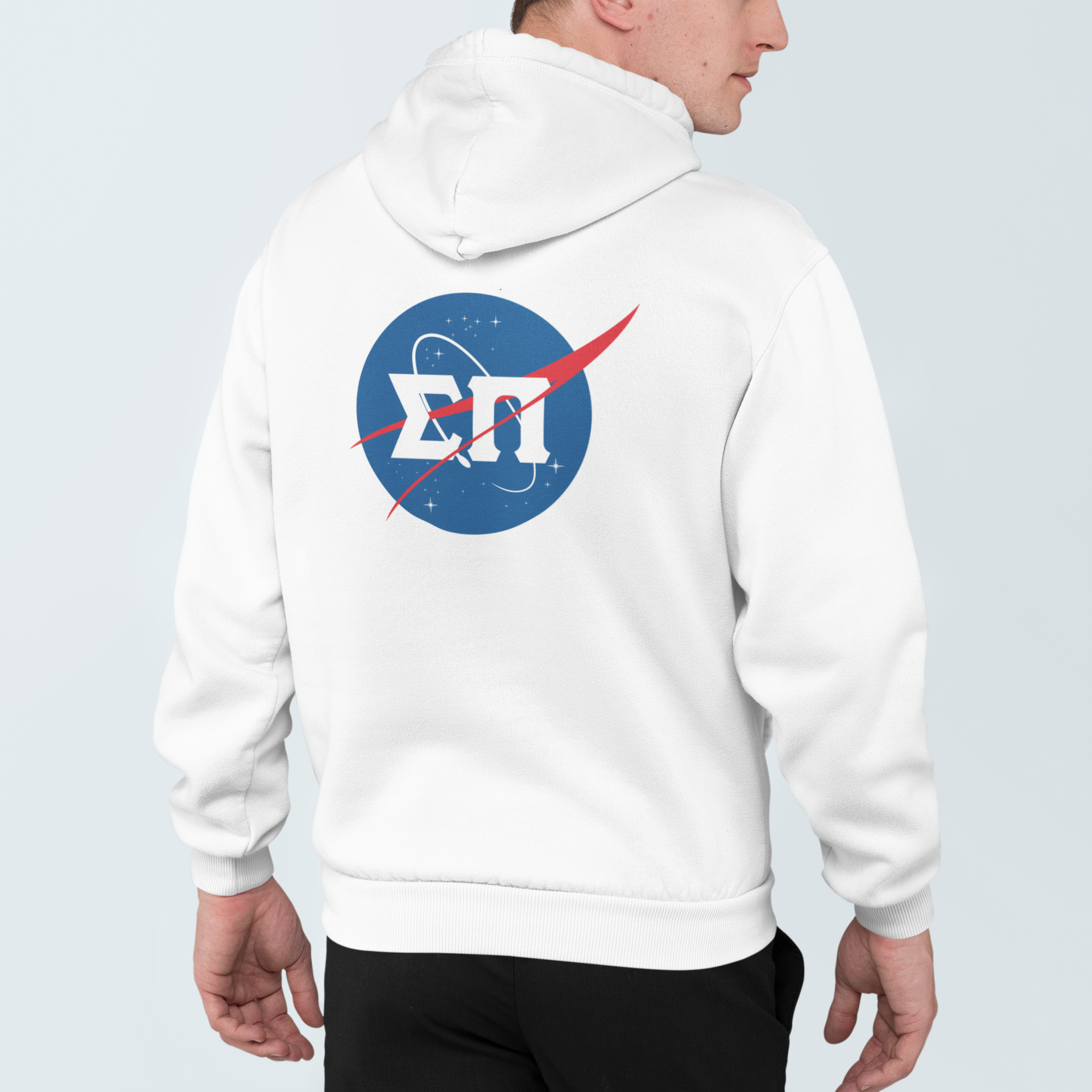 White Sigma Pi Graphic Hoodie | Nasa 2.0 | Sigma Pi Apparel and Merchandise model 