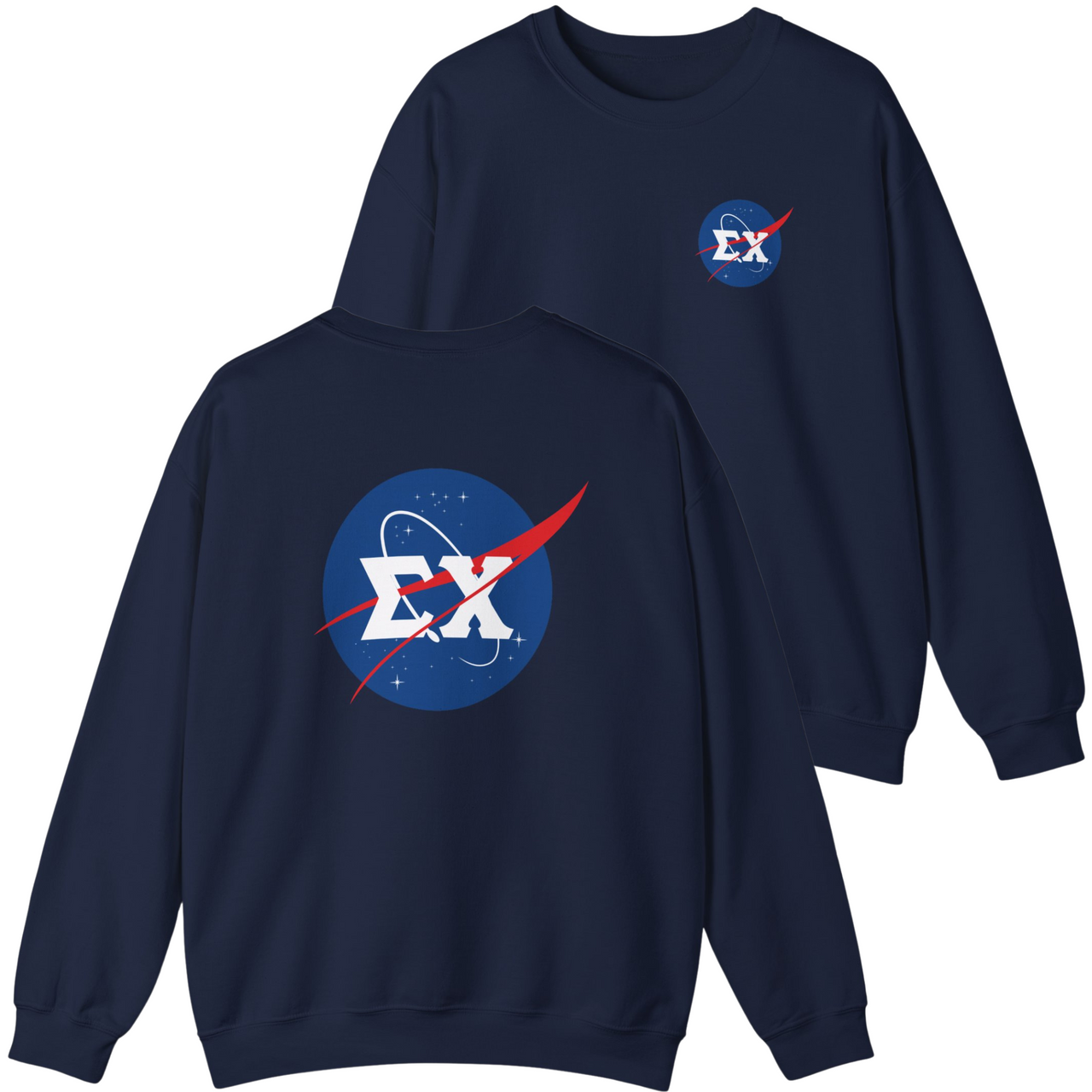 Navy blue sweatshirt with EX logo on front and back