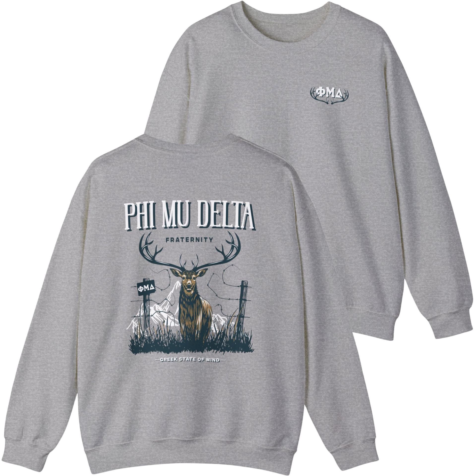 grey Phi Mu Delta Graphic Crewneck Sweatshirt | Big Buck