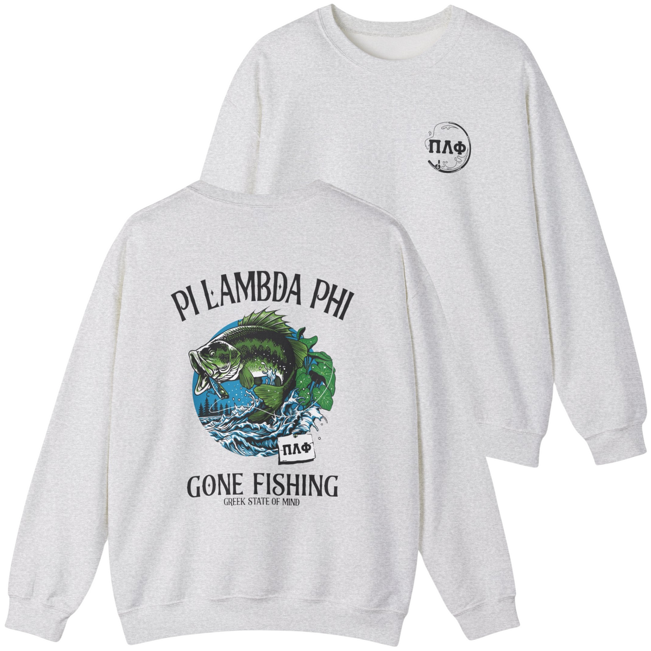 grey Pi Lambda Phi Graphic Crewneck Sweatshirt | Gone Fishing
