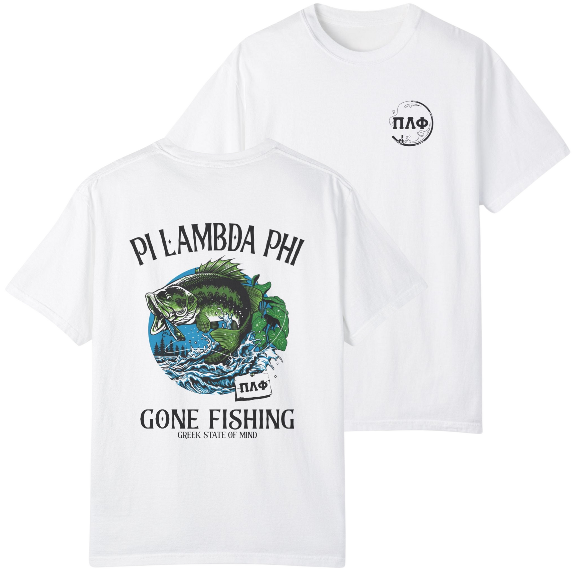 white Pi Lambda Phi Graphic T-Shirt | Gone Fishing
