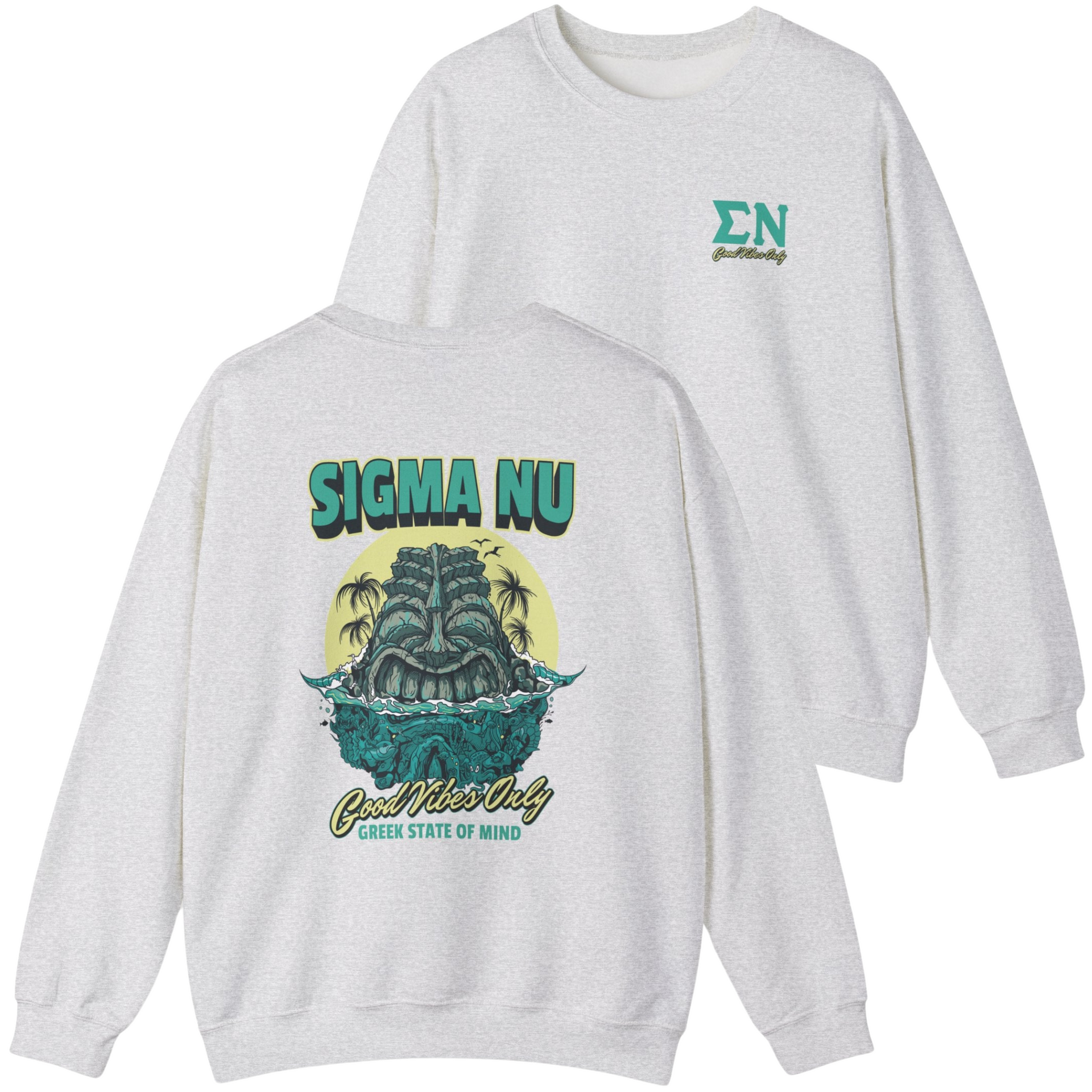 ash Sigma Nu Graphic Crewneck Sweatshirt | Good Vibes Only