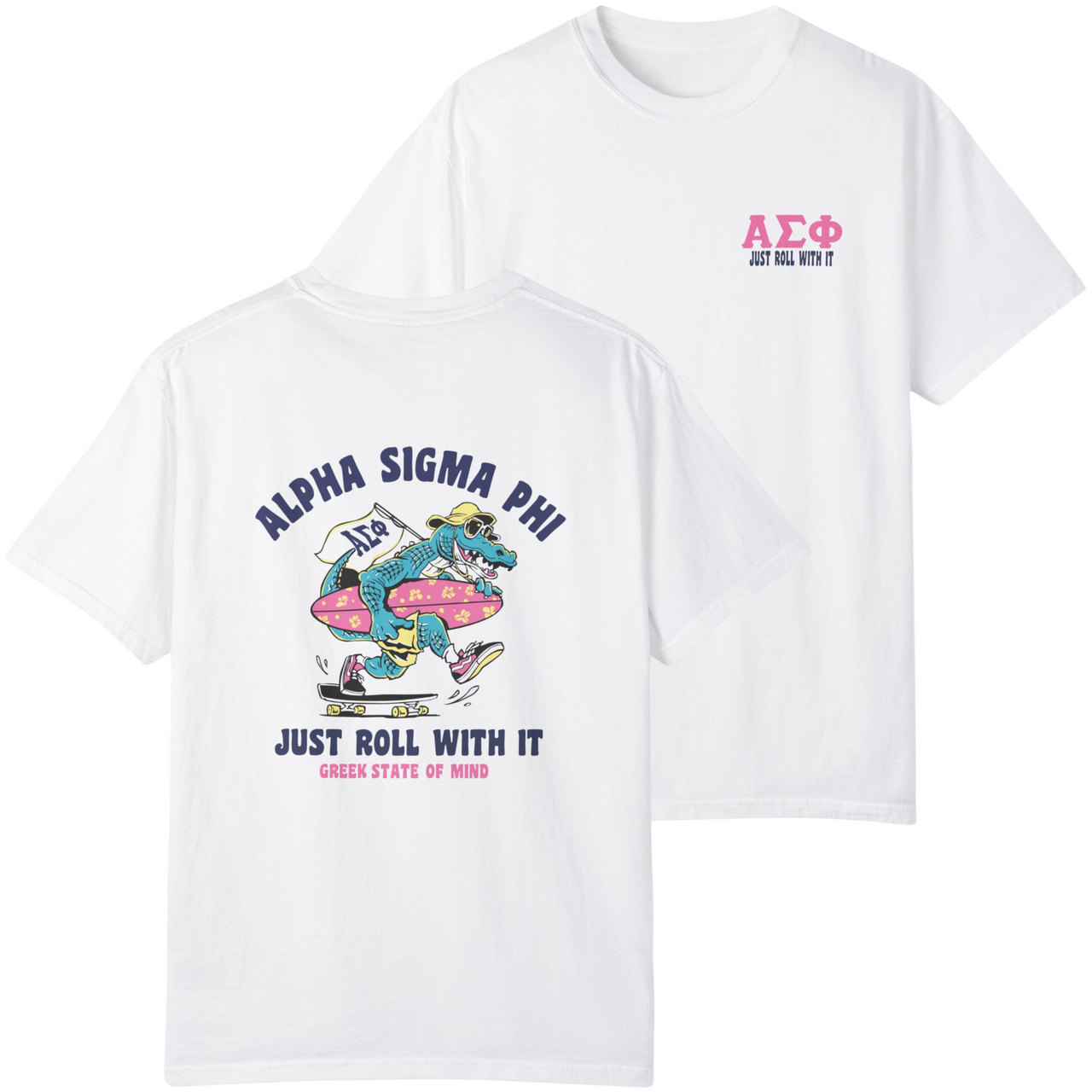 White Alpha Sigma Phi Graphic T-Shirt | Alligator Skater