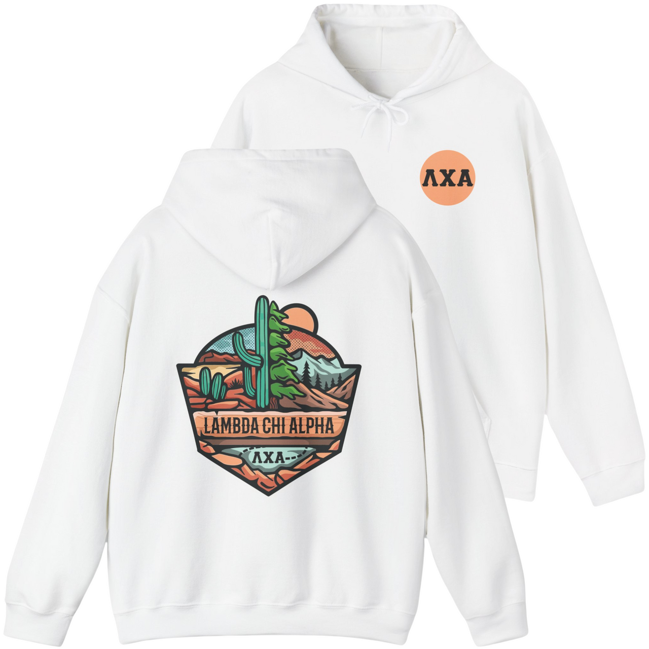 White Lambda Chi Alpha Graphic Hoodie | Desert Mountains