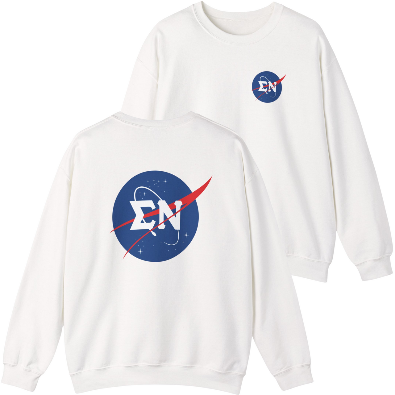 White sweatshirt with NASA logo on a white background