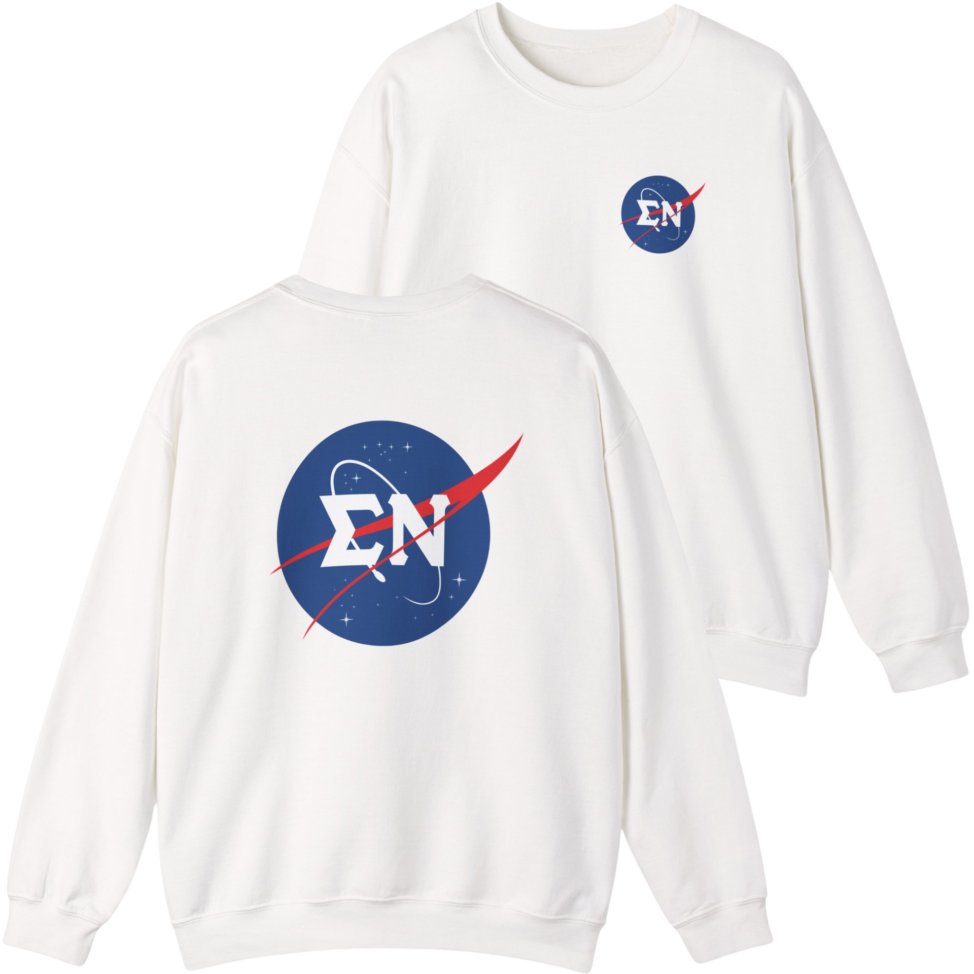 White sweatshirt with NASA logo on a white background