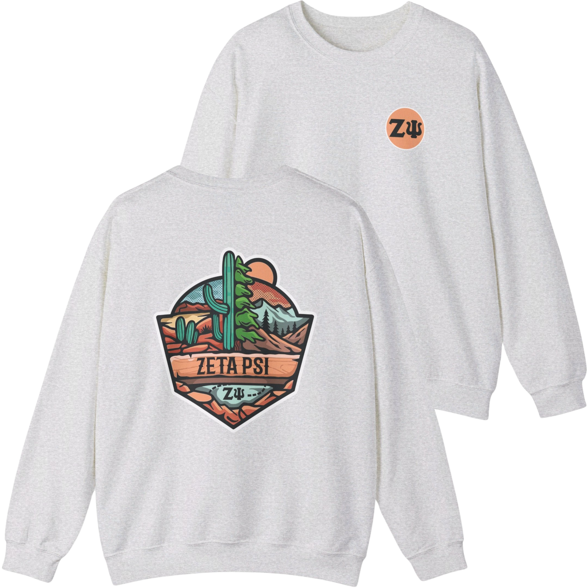 grey Zeta Psi Graphic Crewneck Sweatshirt | Desert Mountains