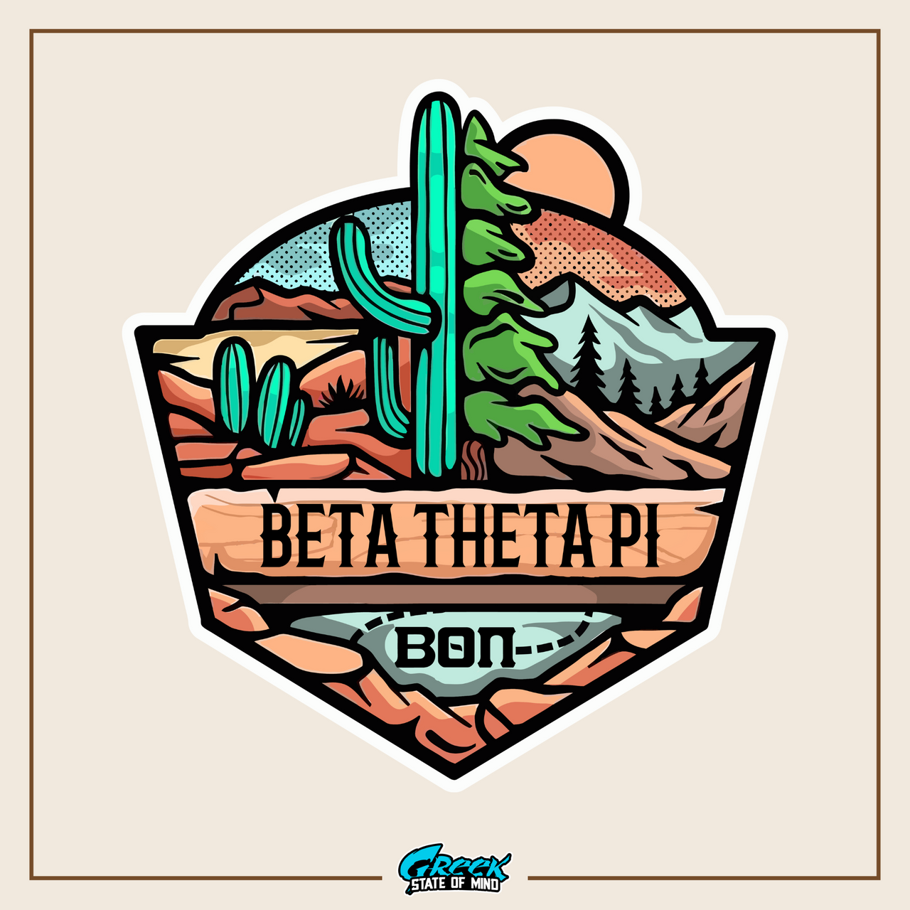 a sticker with a cactus and mountains in the background