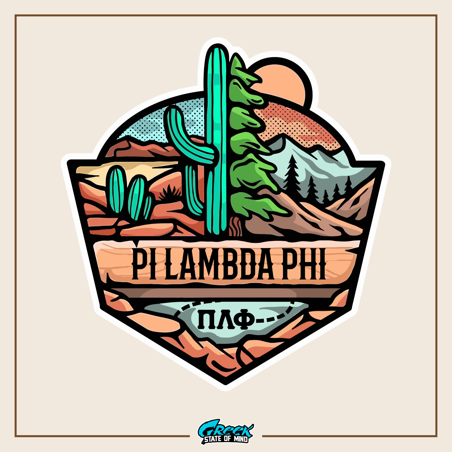 a sticker with a cactus and mountains in the background