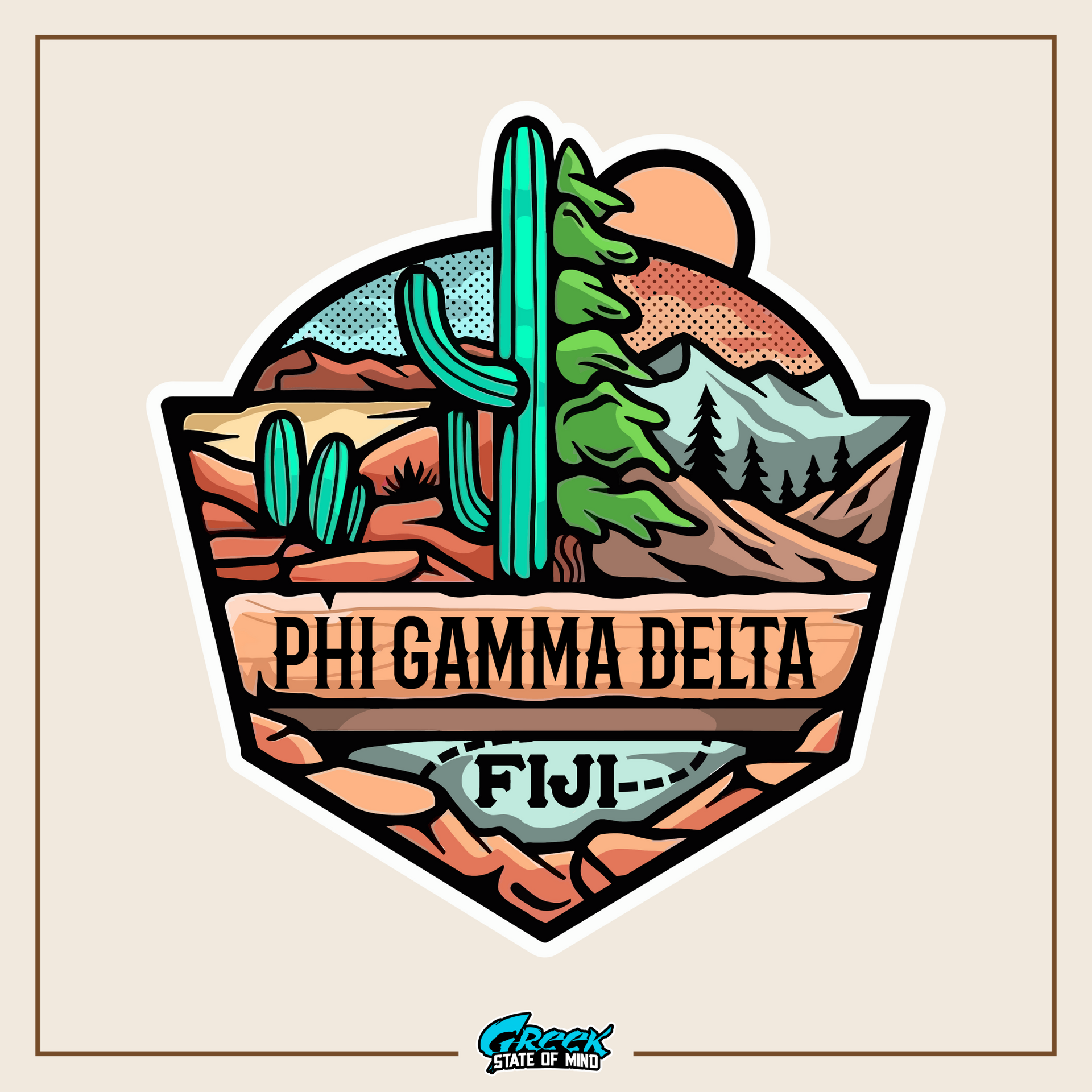 a sticker with a cactus and mountains in the background