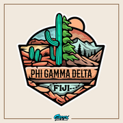 a sticker with a cactus and mountains in the background