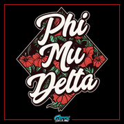 the phrase phi mu delta with red flowers on a black background