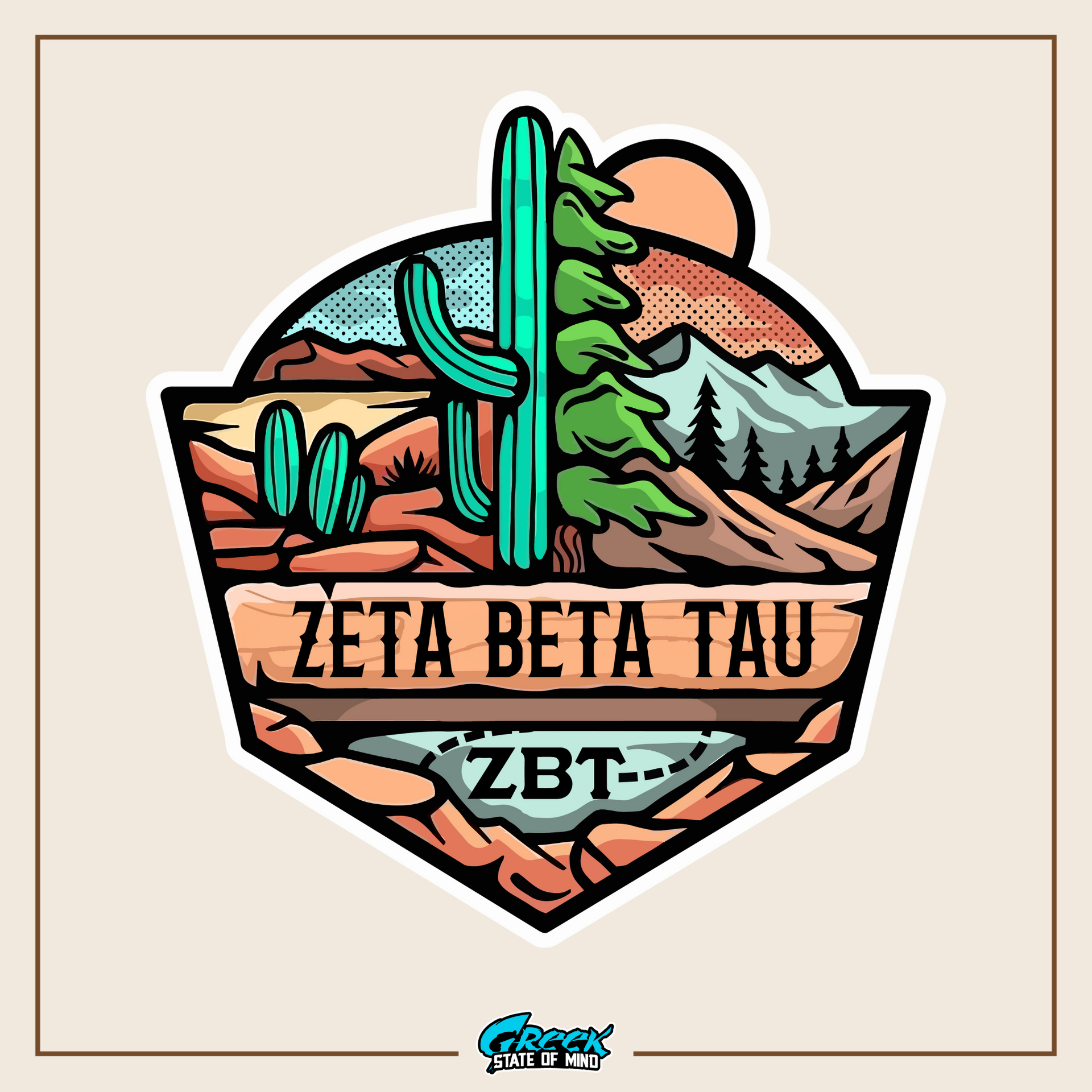 a sticker with a cactus and mountains in the background