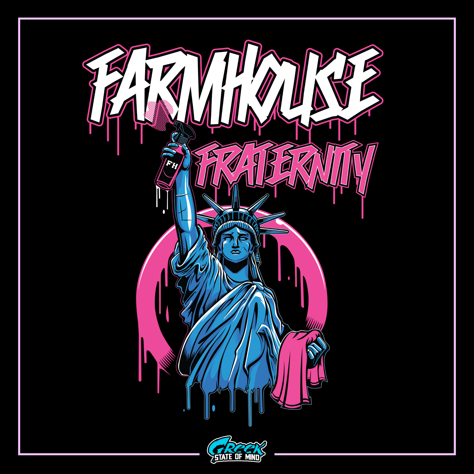 the statue of liberty with the word farmhouse on it