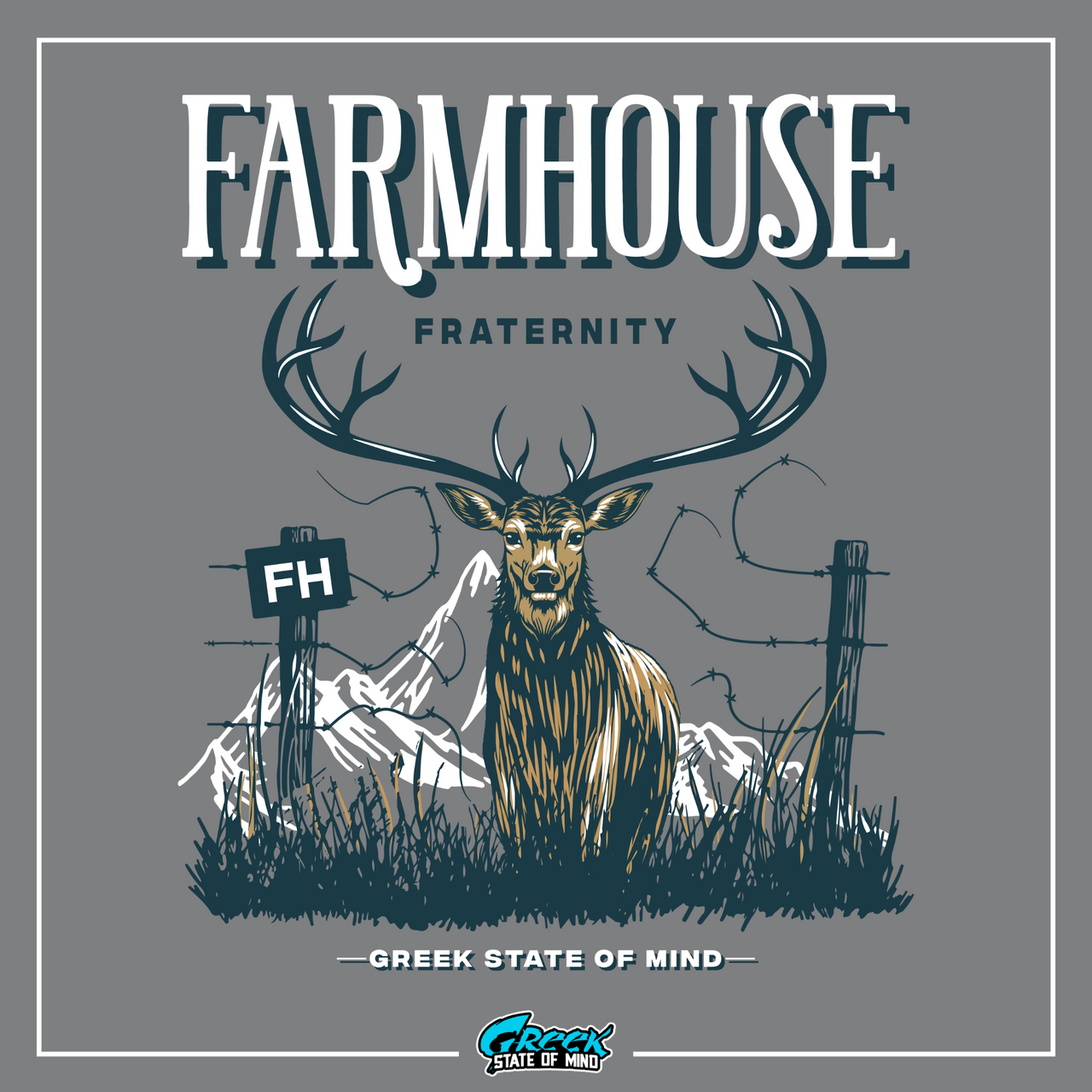 a picture of a deer with the words farmhouse on it