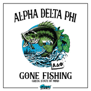 a fish with a caption that reads, alpha delta phi gone fishing