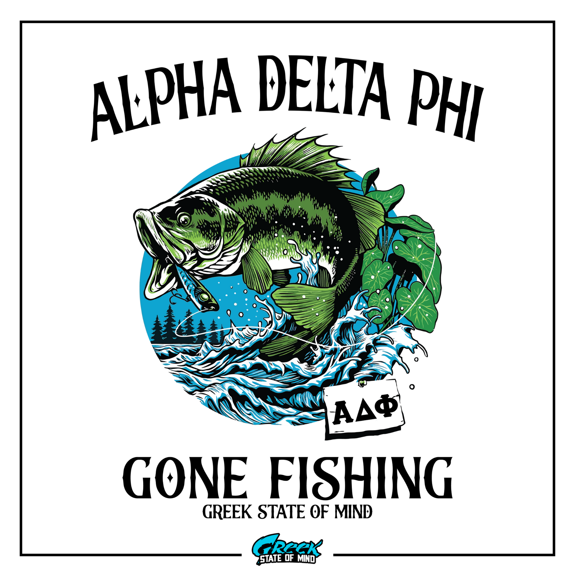 a fish with a caption that reads, alpha delta phi gone fishing