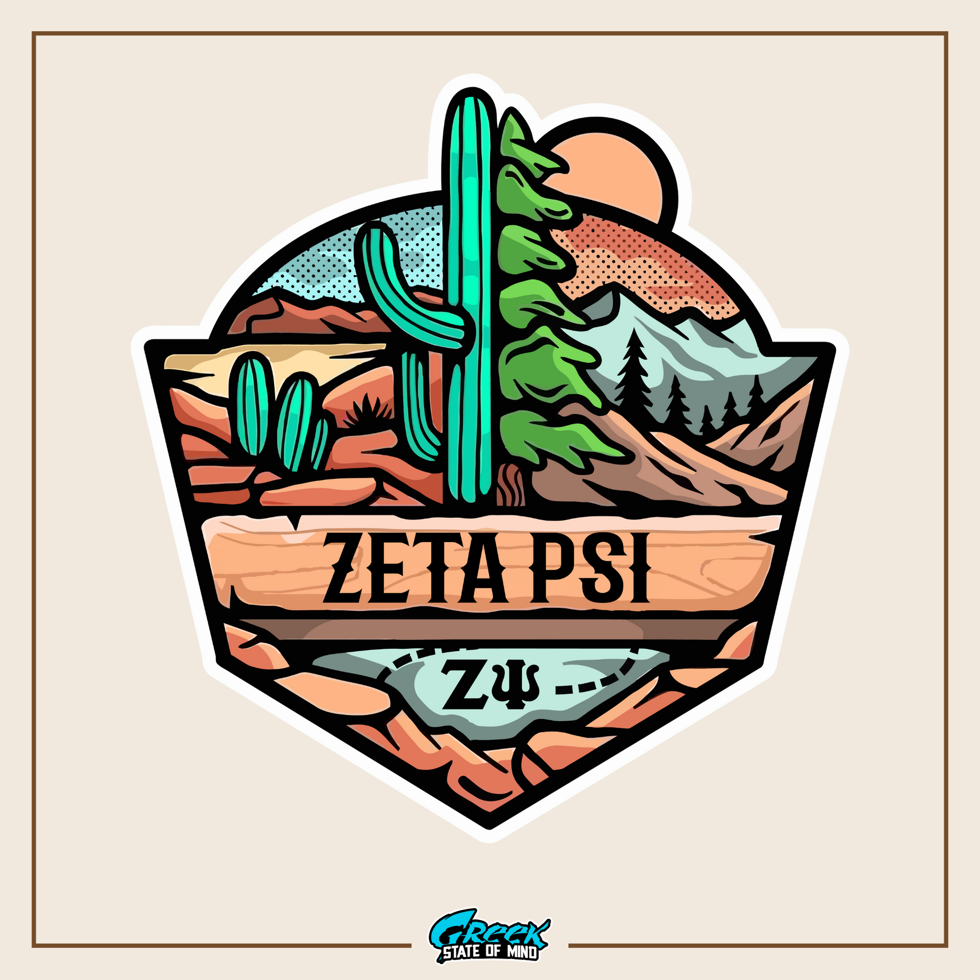 a sticker of a cactus with a sign that says zeta psi