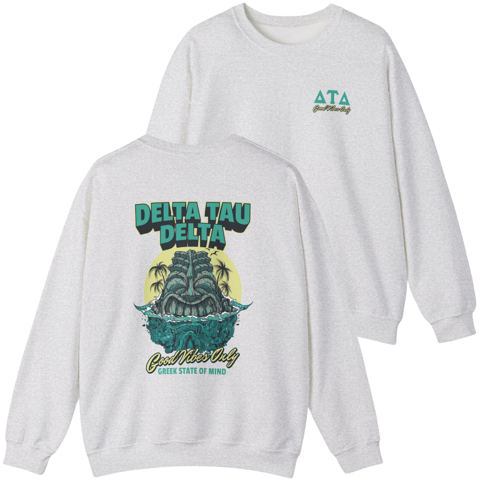 ash Delta Tau Delta Graphic Crewneck Sweatshirt | Good Vibes Only