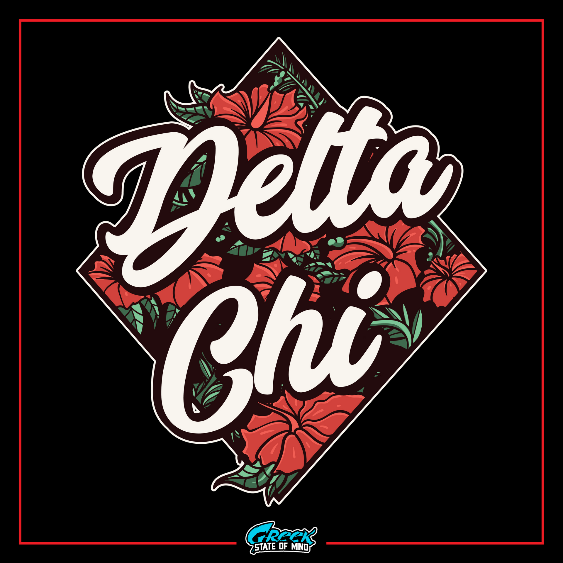 a black background with red flowers and the words delta chi