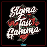 a black background with red flowers and the words signa tau gamma