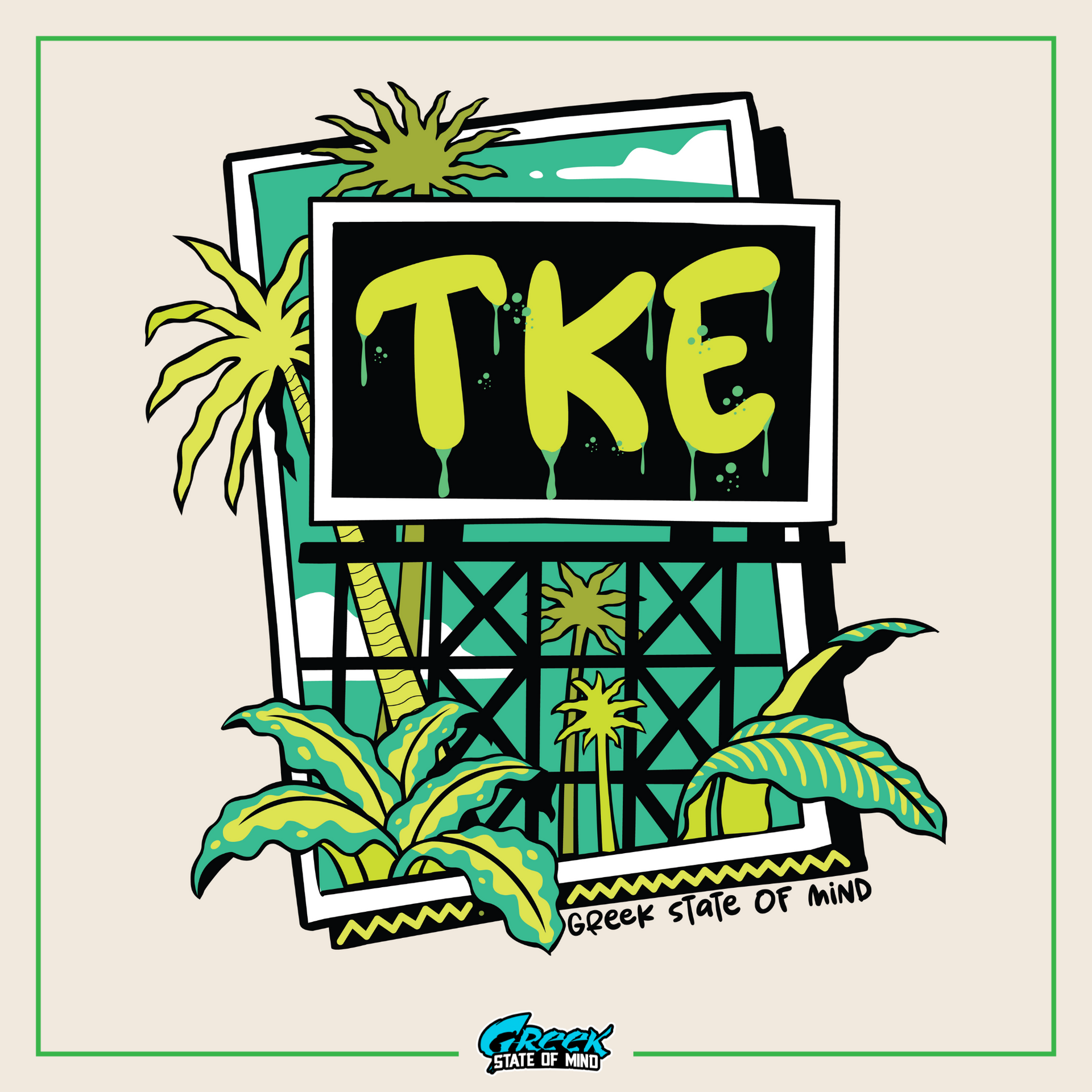 a tke sign with a palm tree in the background