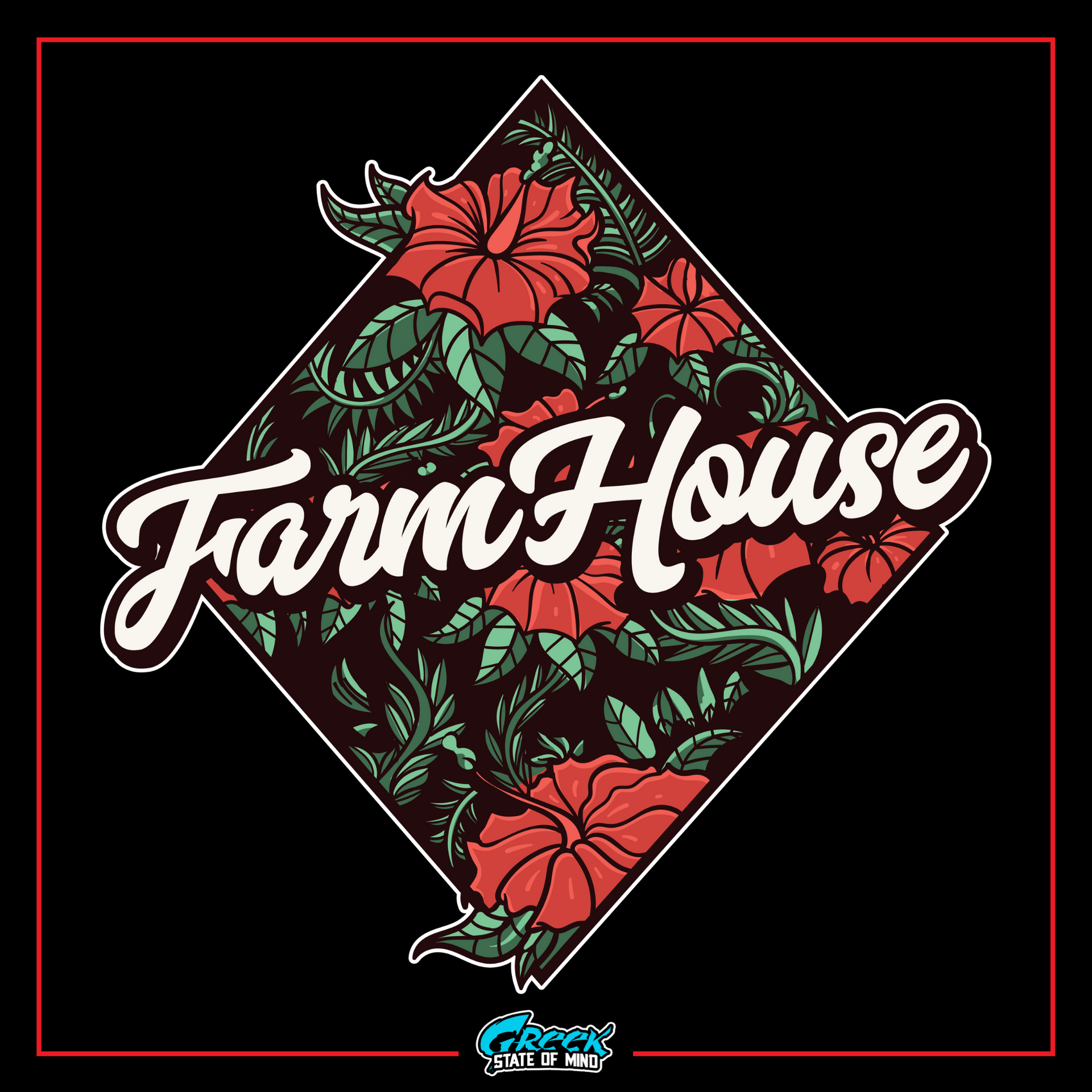 a black background with red flowers and the word farm house