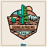 a sticker with a cactus and mountains in the background