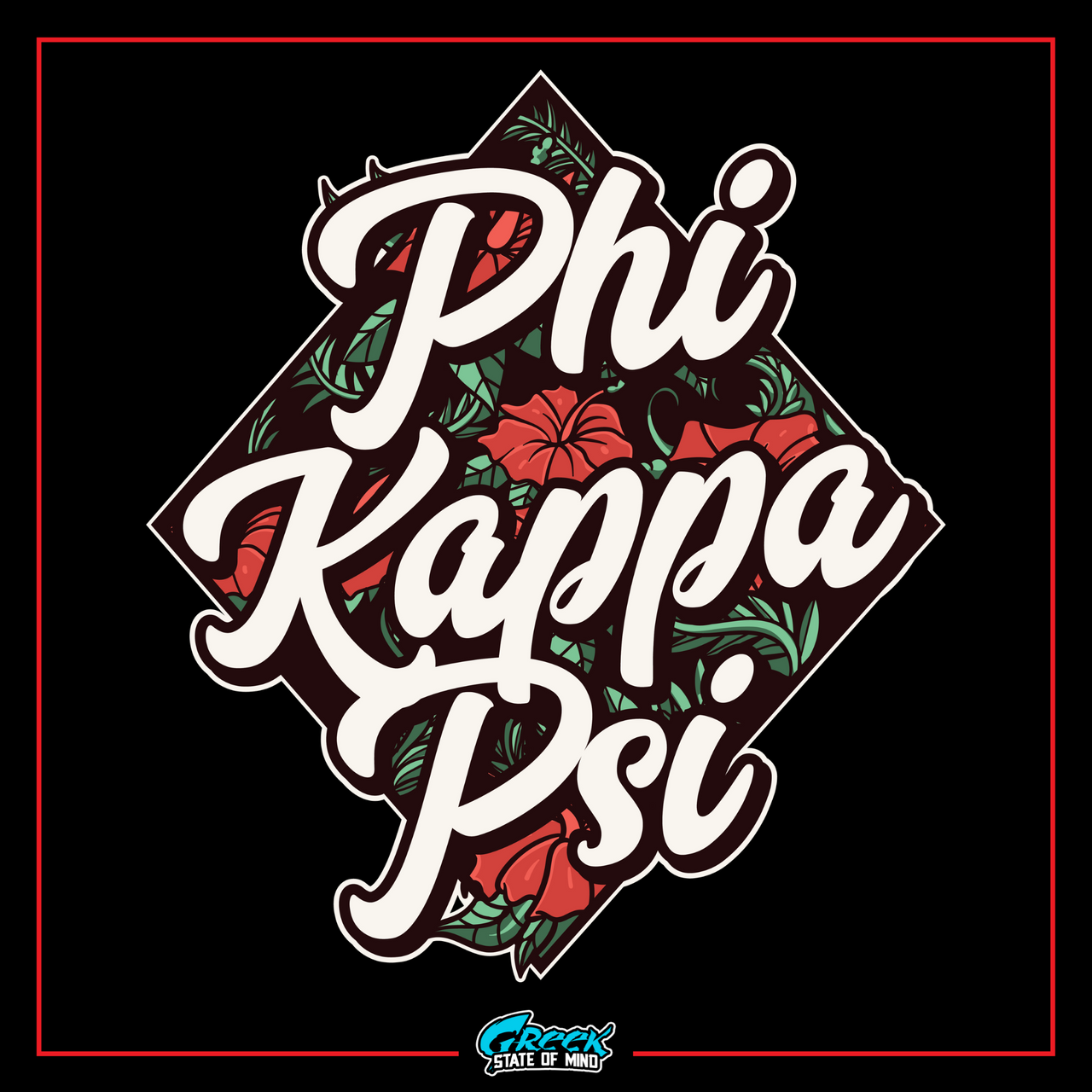 a black background with a red and green flower and the words phi kapa po