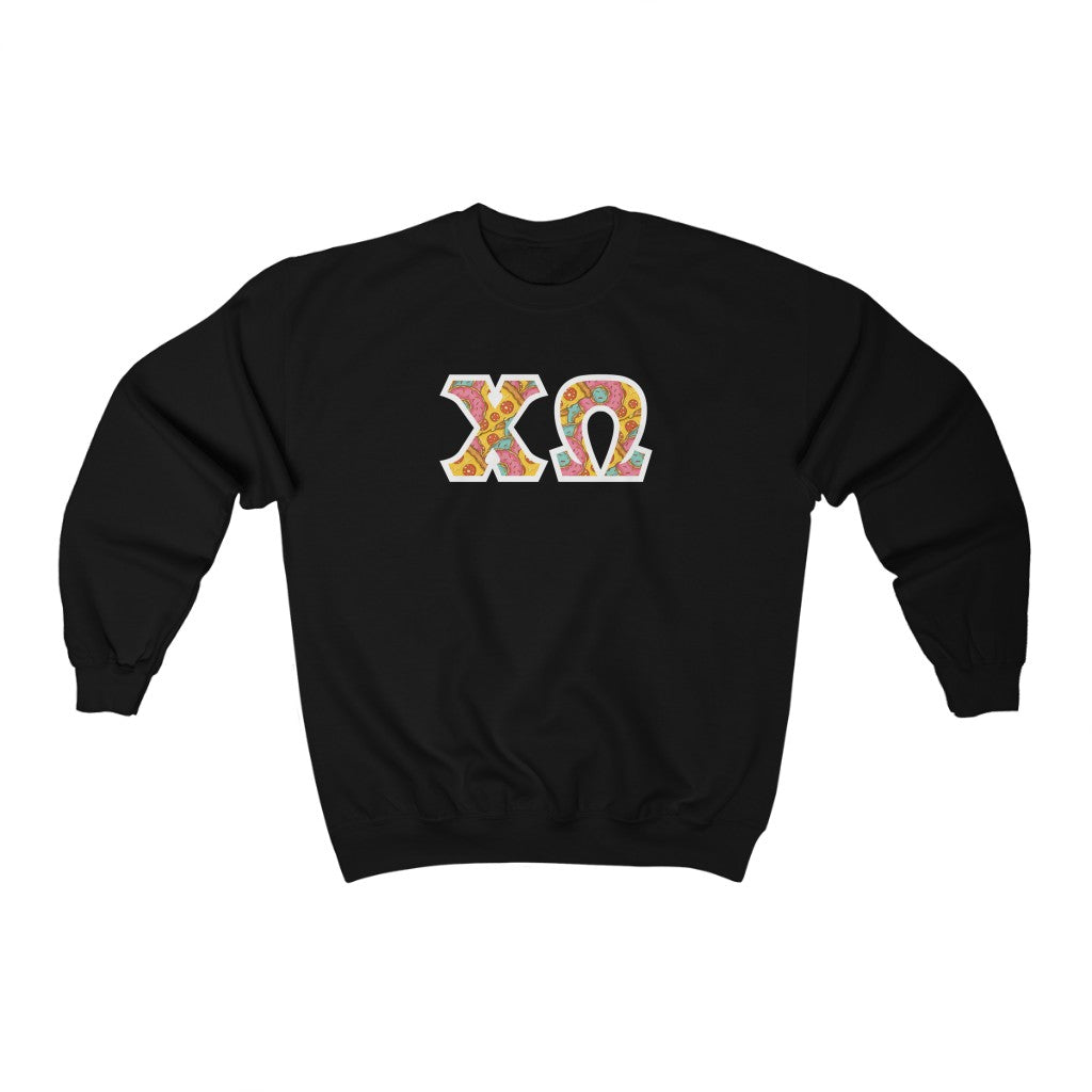 Chi Omega Printed Letters | Pizza and Donuts Crewneck