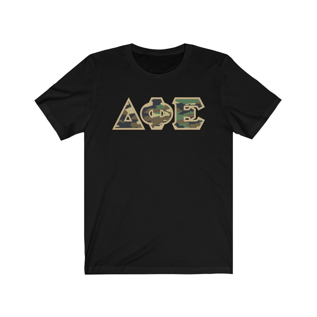 Delta Phi Epsilon Printed Letters | Camouflage T-Shirt